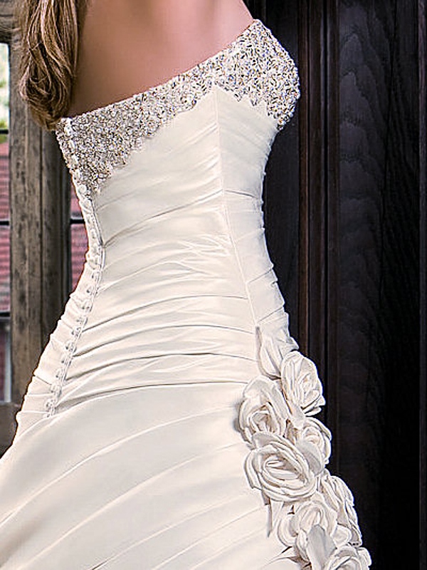 Stunning Taffeta Nuptial Gown of Jeweled Bodice and Ruched Detail