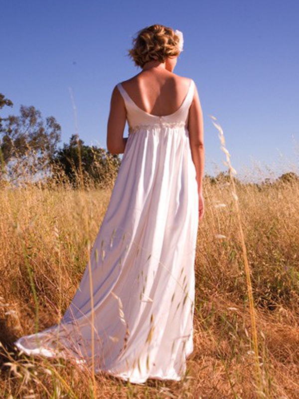 Scoop gasa plisado vestido largo de boda
