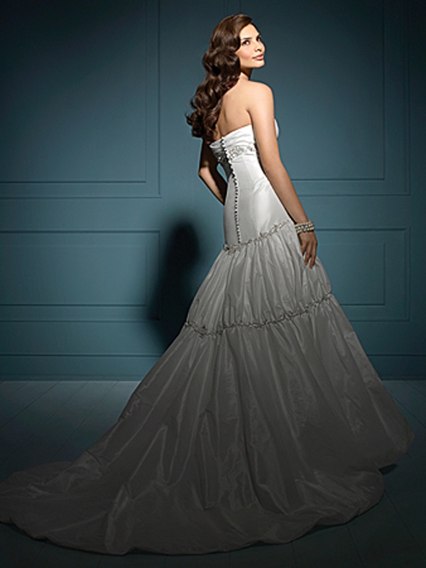 Glamorous Taffeta Gown of Embroidered Lace and Fish Tail Train