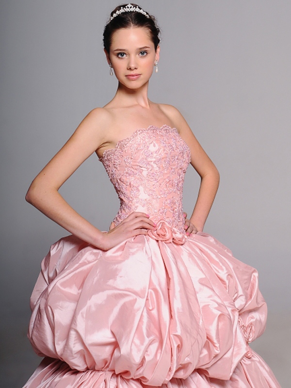 Romántico vestido rosa sin tirantes bola partida de bordado de tafetán de la boda