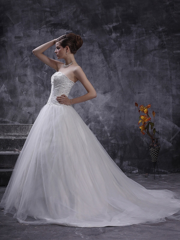 Очаровательная без бретелек Милая атласная Бисероплетение Вышивка свадебное платье