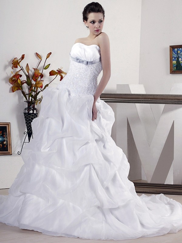 Strapless Neckline Applique Beaded Satin Organza Wedding Dress of Ball Gown