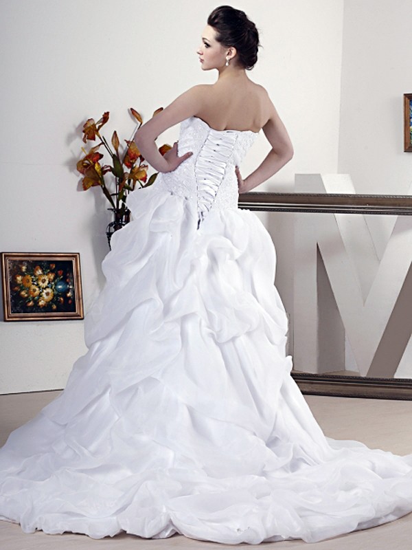 Strapless Neckline Applique Beaded Satin Organza Wedding Dress of Ball Gown