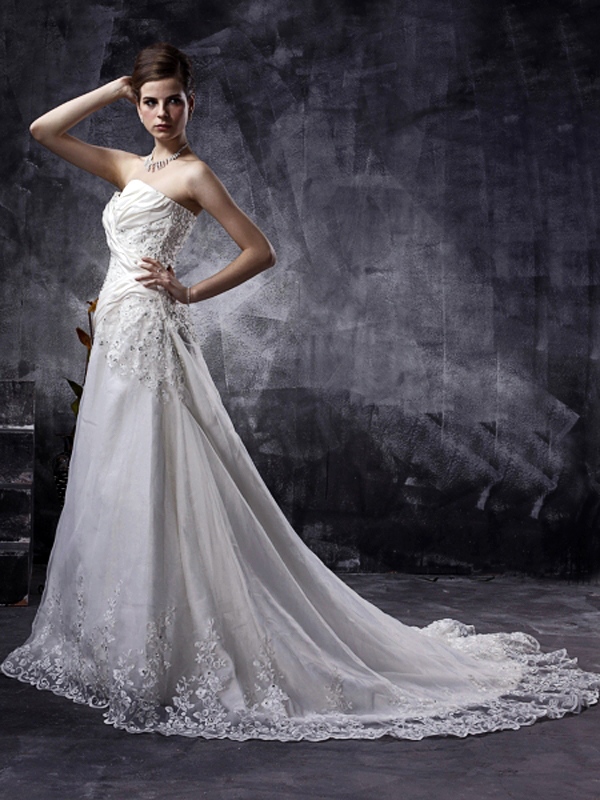 A-Line White with Tight Bodice in Chapel Train Wedding Dress