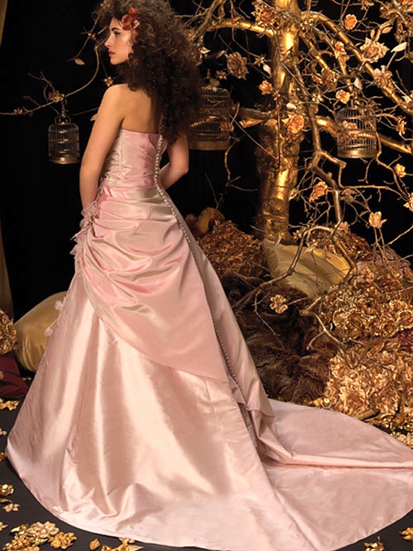 Spectacular Strapless Pink Satin Gown of Ruffled Floral