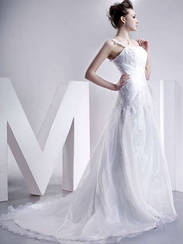 A-Line With One-Shoulder Neckline and Chapel Train Wedding Dress