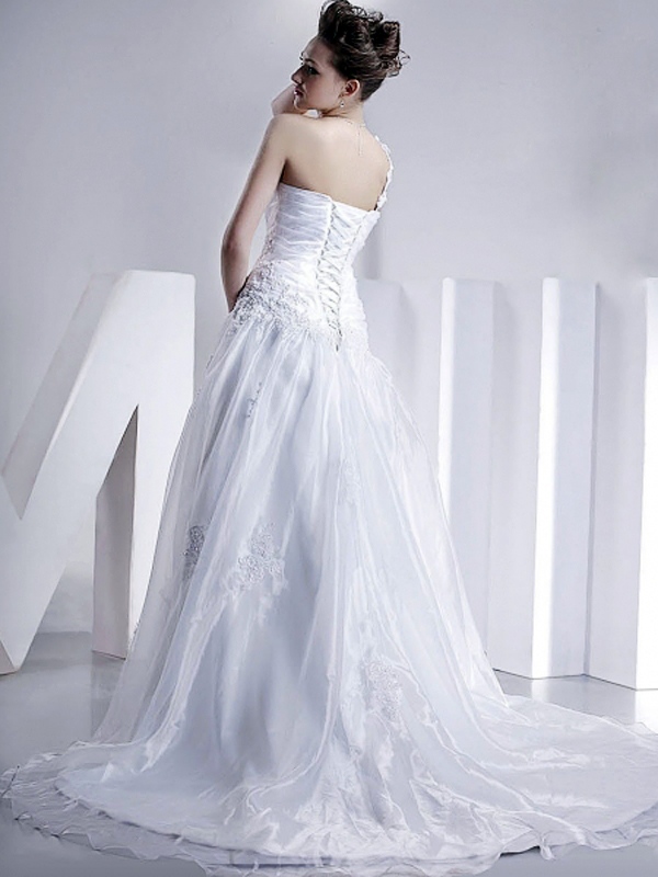A-Line With One-Shoulder Neckline and Chapel Train Wedding Dress