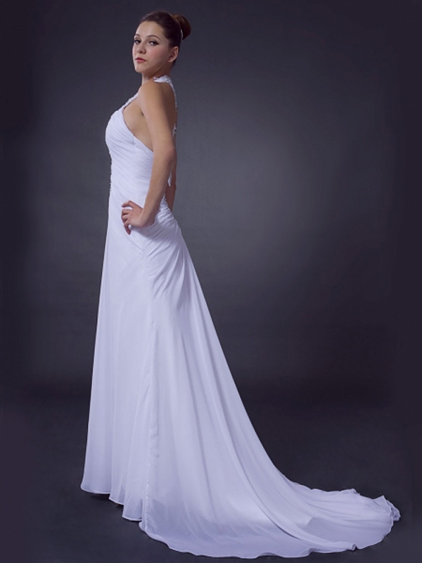 ビーズホルターネックネックラインのウェディングドレスのホワイトシース