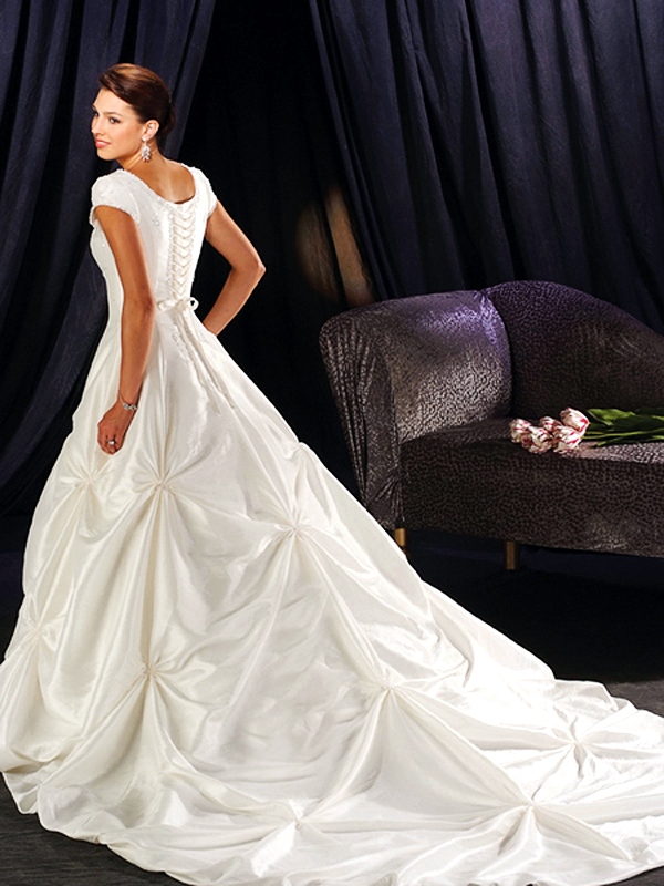 White Satin A-Line Jewel Capped Wedding Dress