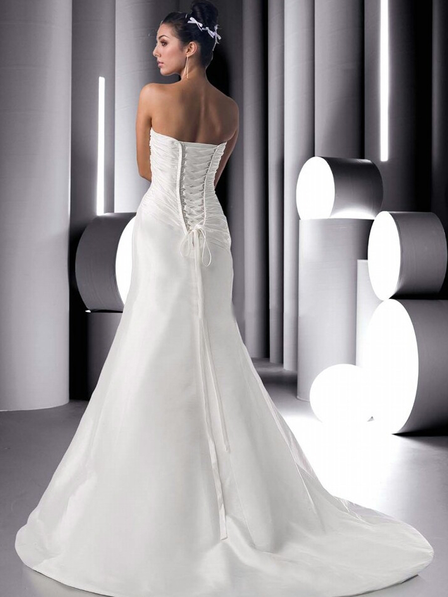 Taffeta Strapless Sweetheart Gown with Side Gathered Waistline and Corset Back A Line Skirt Dresses