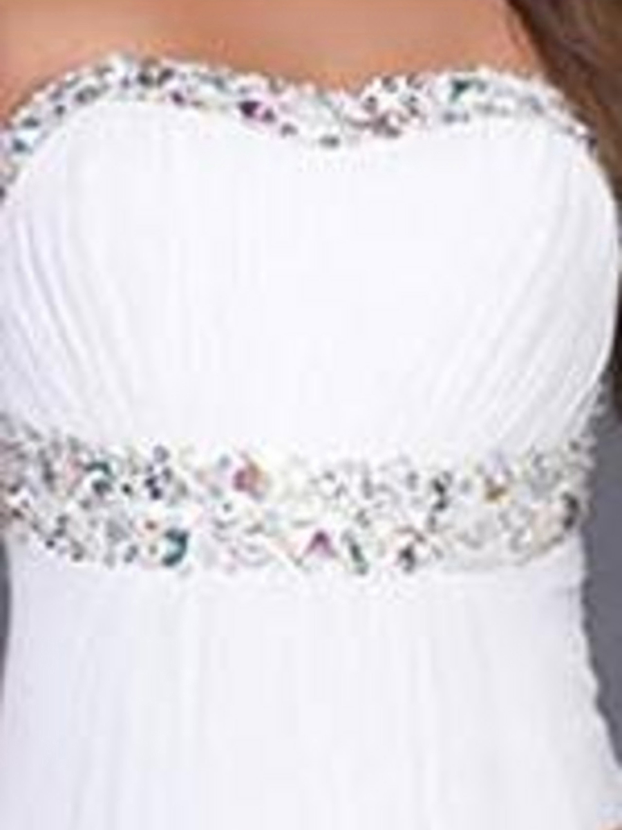 White Chiffon Beaded Ruche Strapless Sweetheart Sleeveless Floor-Length Prom Dress