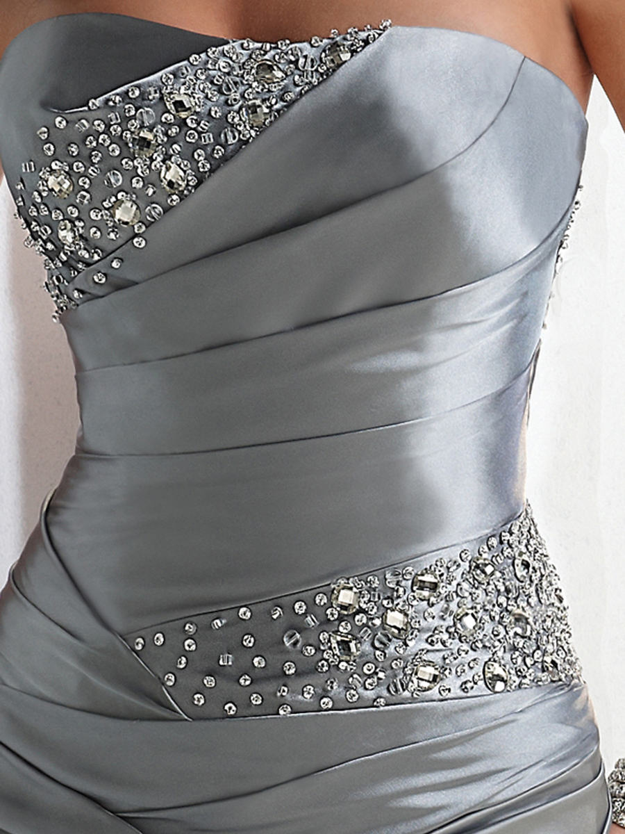 Satin Sliver Strapless Neckline Sleeveless Floor-Length Tucked Beaded Celebrity Dress