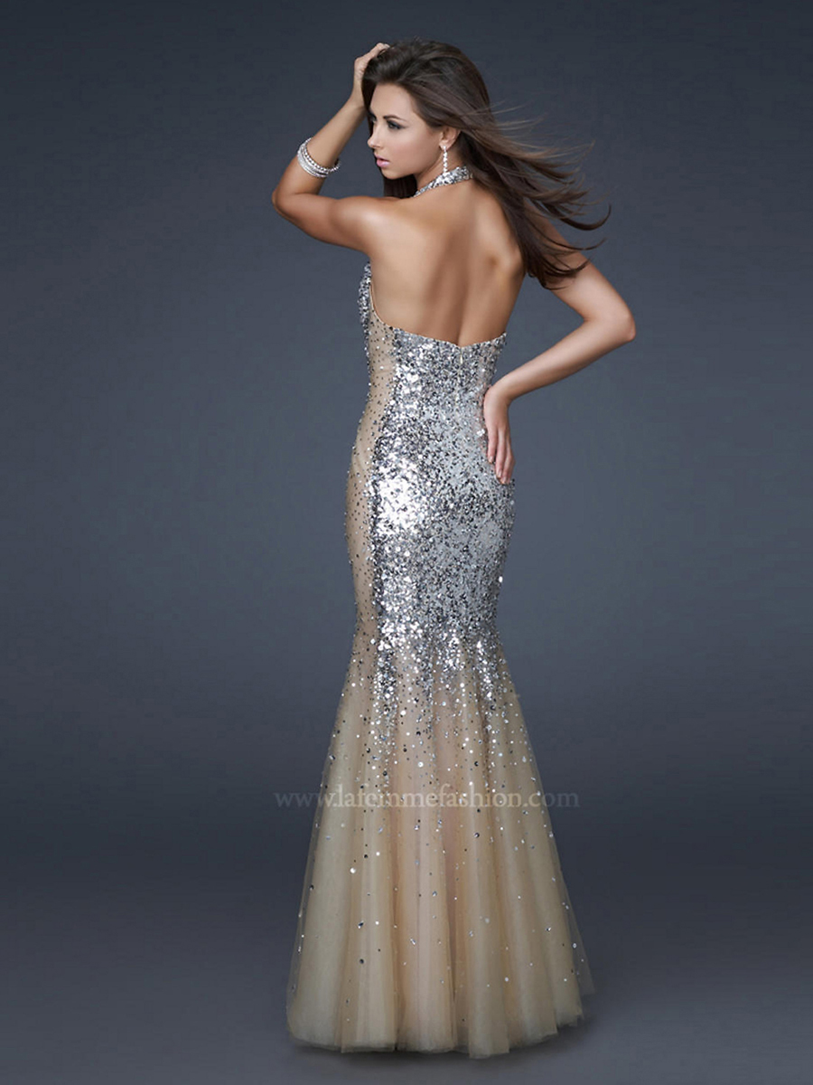 Sequined Tulle Halter V-Neck Neckline Sleeveless Floor-Length Celebrity Dress