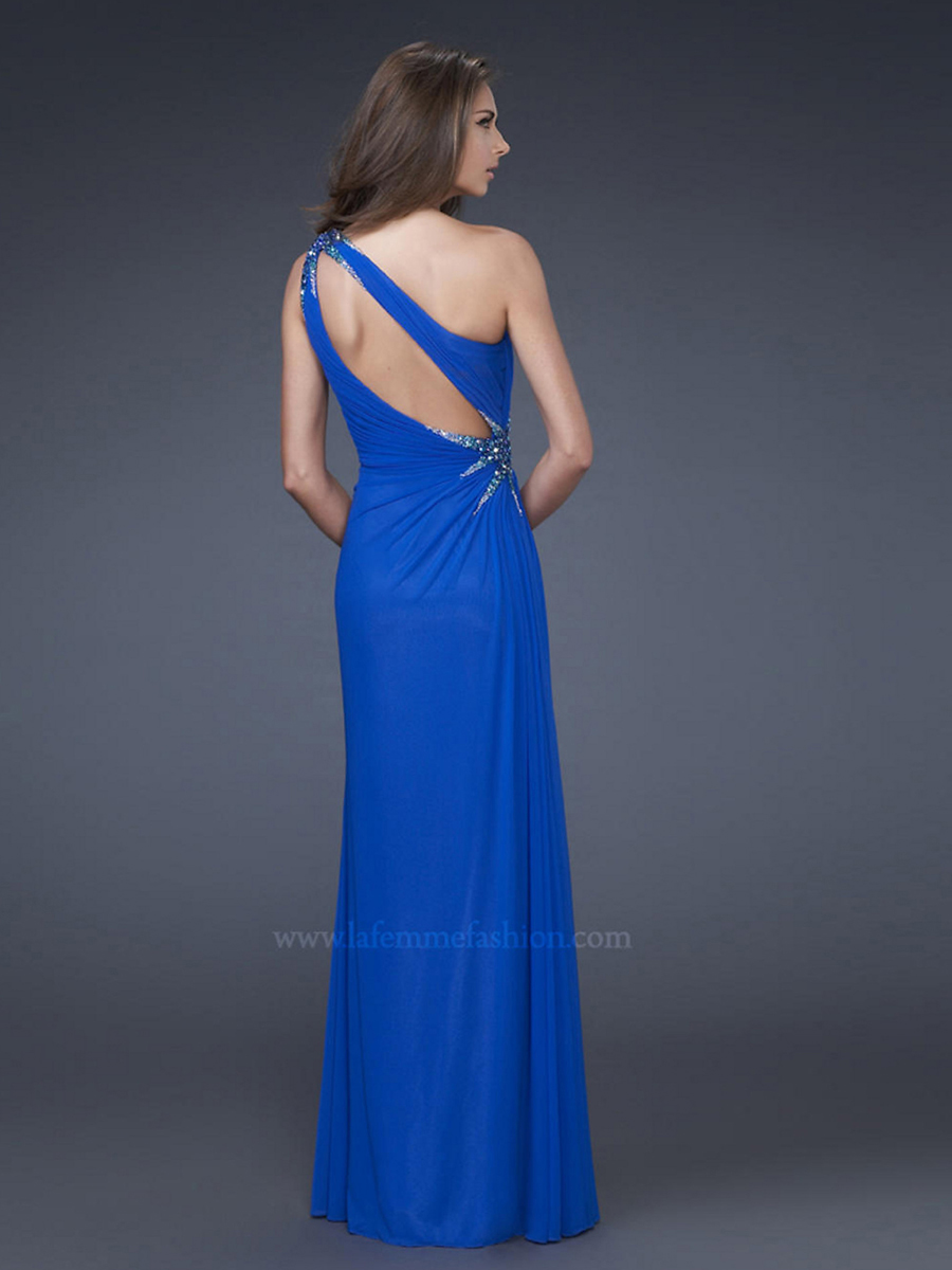 Royal Blue Beaded One-Shoulder Neckline Sleeveless Floor-Length Side Slit  Evening Dress
