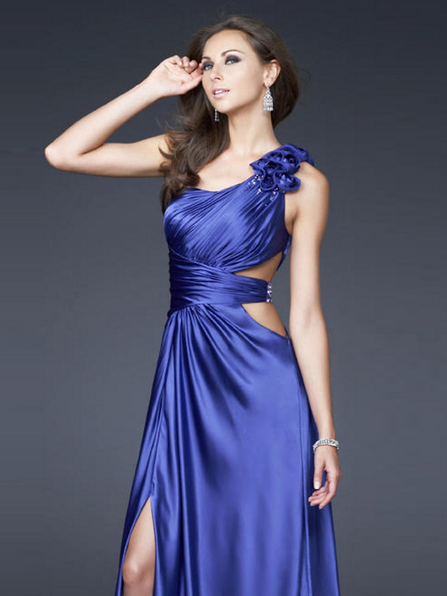 Dunkle Royal Blue Floral One-Shoulder-Ausschnitt ärmellos bodenlangen Abendkleid Seitenschlitz