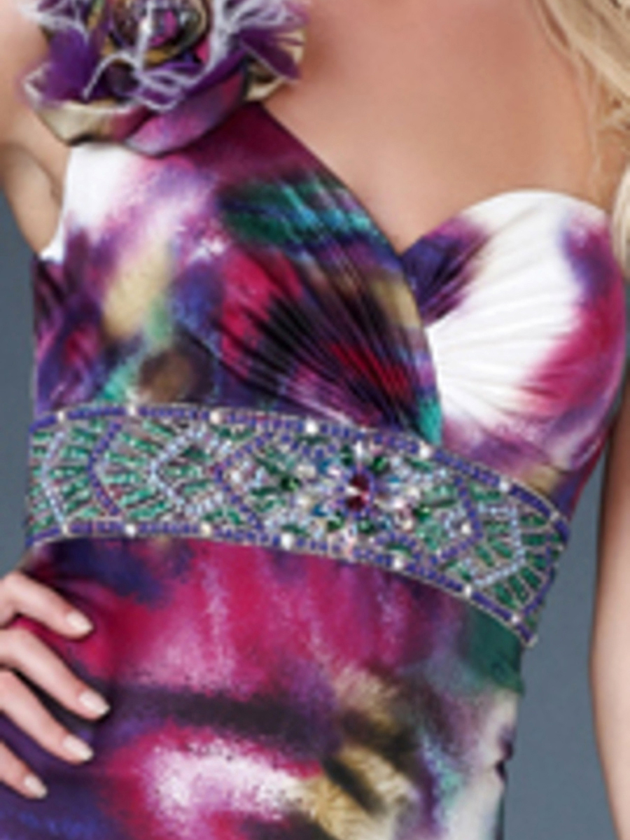 Multi-Color cetim estampado floral decote de um ombro-vestido de mangas Andar de comprimento