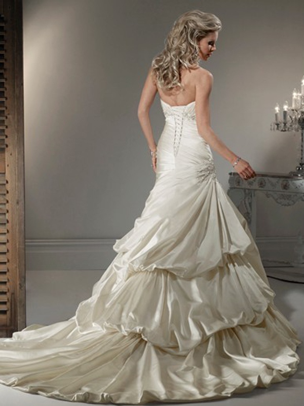 A-Line Satin Strapless Wedding Dress with Ruffles Bustier and Bubble Pick Up