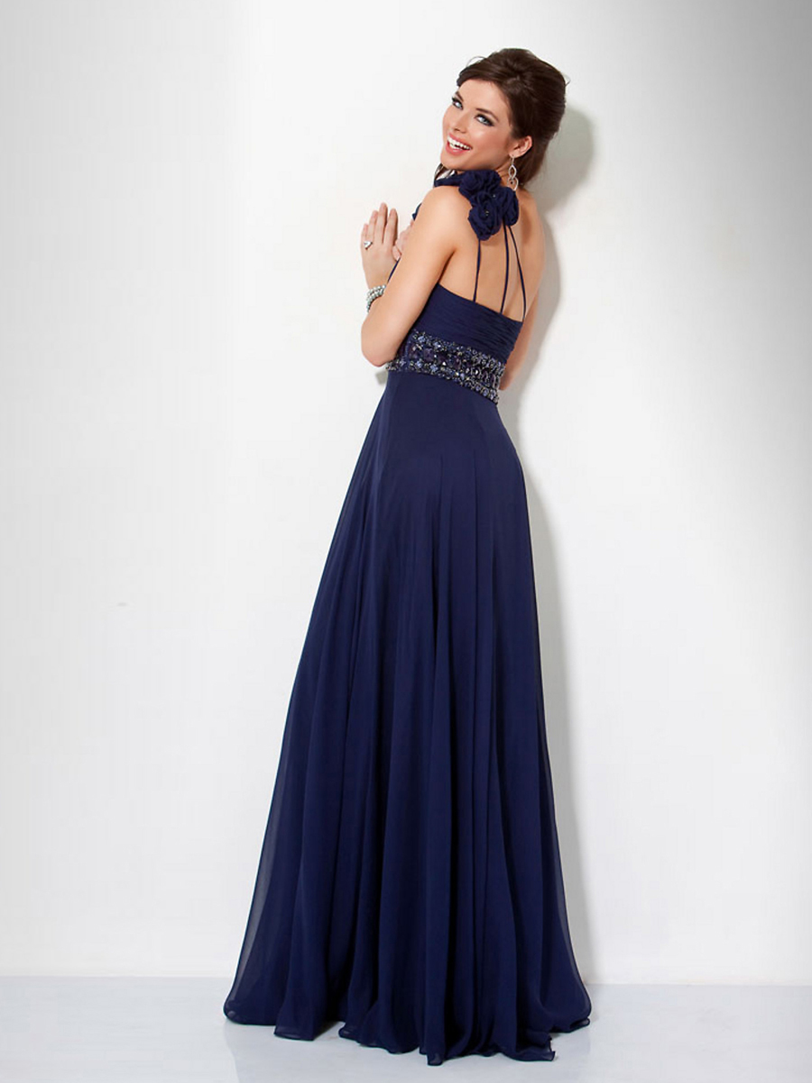 Dark Royal Blue Chiffon Floral One-Shoulder Neckline Sleeveless Floor-Length Bridesmaids Dress