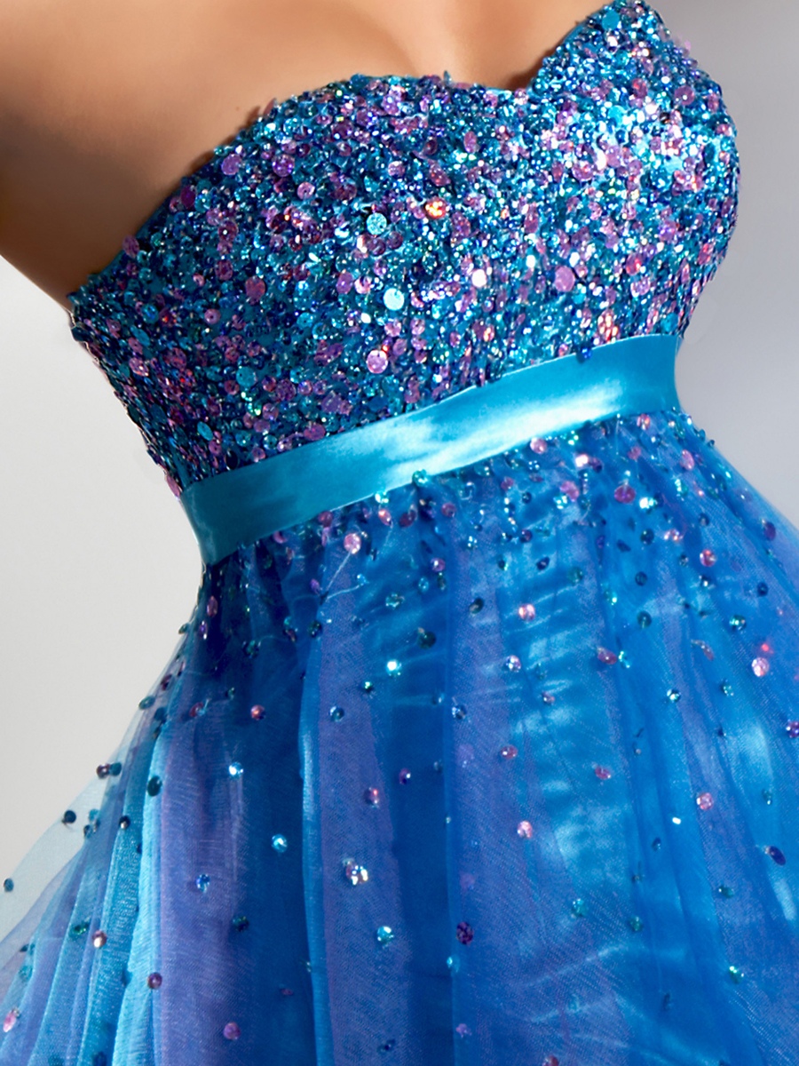Blue Baby Sequined Sweetheart Bust Ribbon And Front Bow at The Empire Waist Dress