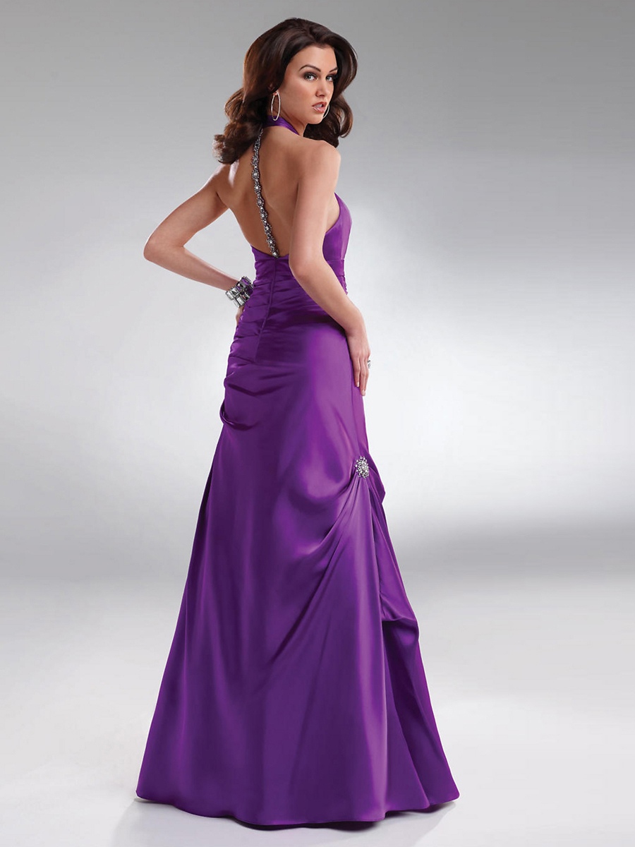 紫色のサテンホルタースイートハートネックラインノースリーブ床長さの新婦付添人のドレス