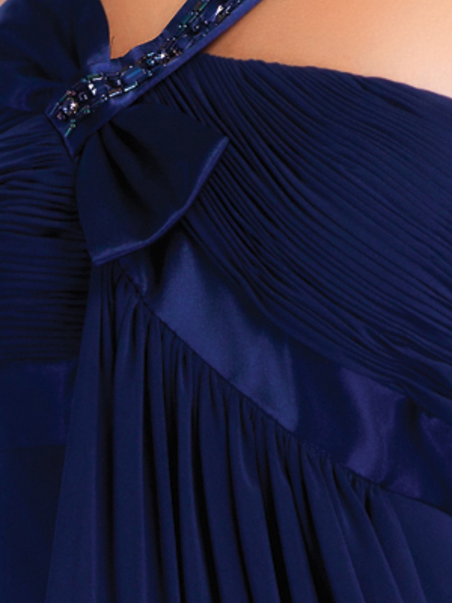 Elegante Dark Royal Blue gasa con cuentas con un solo hombro escote palabra de longitud sin mangas de damas de honor vestido