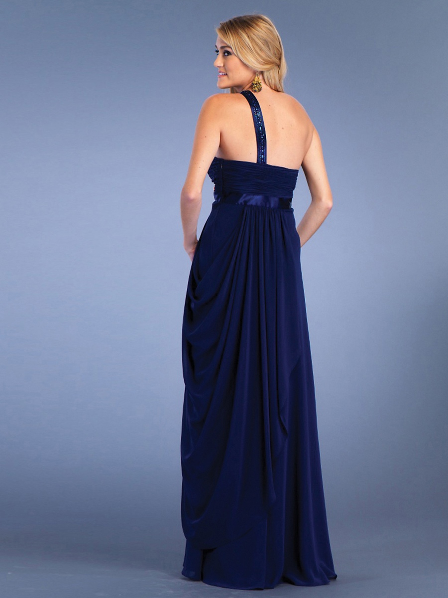 Elegante Dark Royal Blue gasa con cuentas con un solo hombro escote palabra de longitud sin mangas de damas de honor vestido
