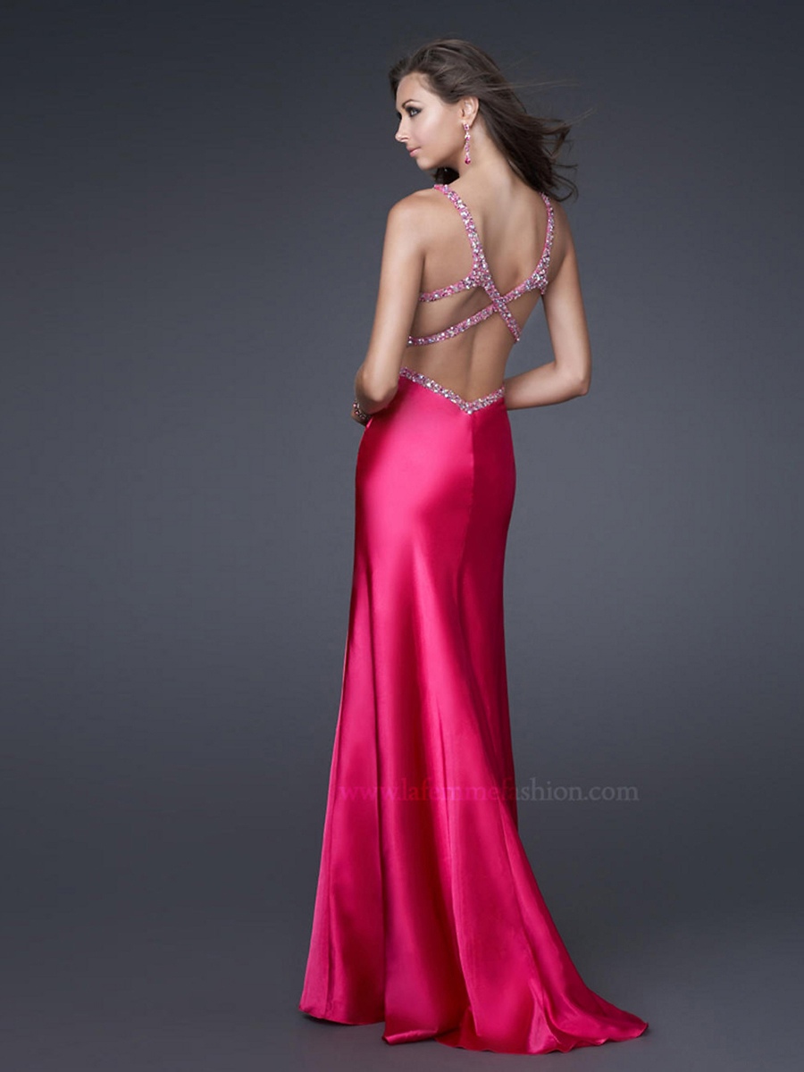 Satin Fuchsia Beaded Straps Sweetheart Neckline Sleeveless Slit Floor-Length Evening Dress