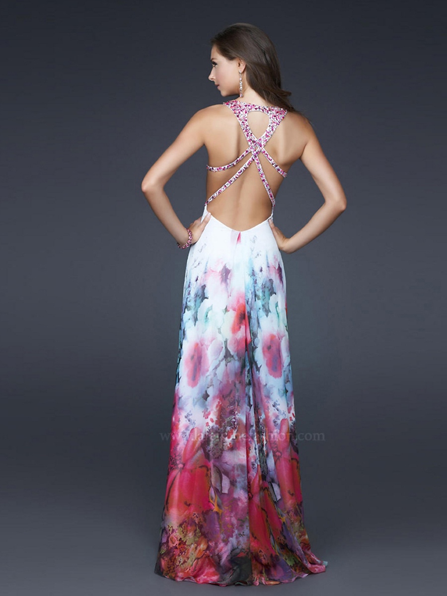 Multi-Color Print Chiffon V-Neck Neckline Sleeveless Floor-Length Evening Dress