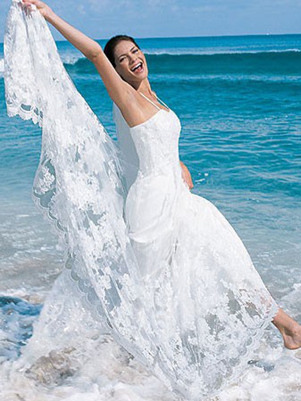 Spitze verschönertes Hüllen-Strand-Hochzeits-Kleid