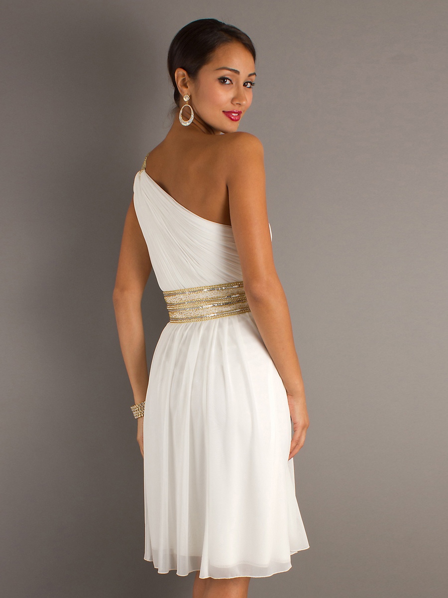 White Chiffon Sequined One-Shoulder Neckline Sleeveless Sequined Waistline Knee-Length Homecoming Dress