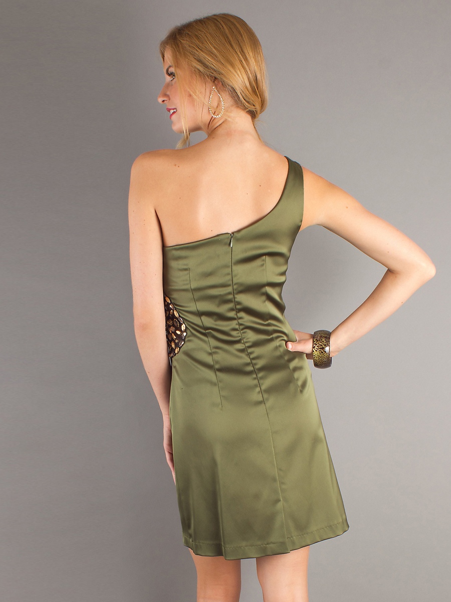 Green Taffeta One-Shoulder Neckline Side Beaded Waist Sleeveless Short Homecoming Dress