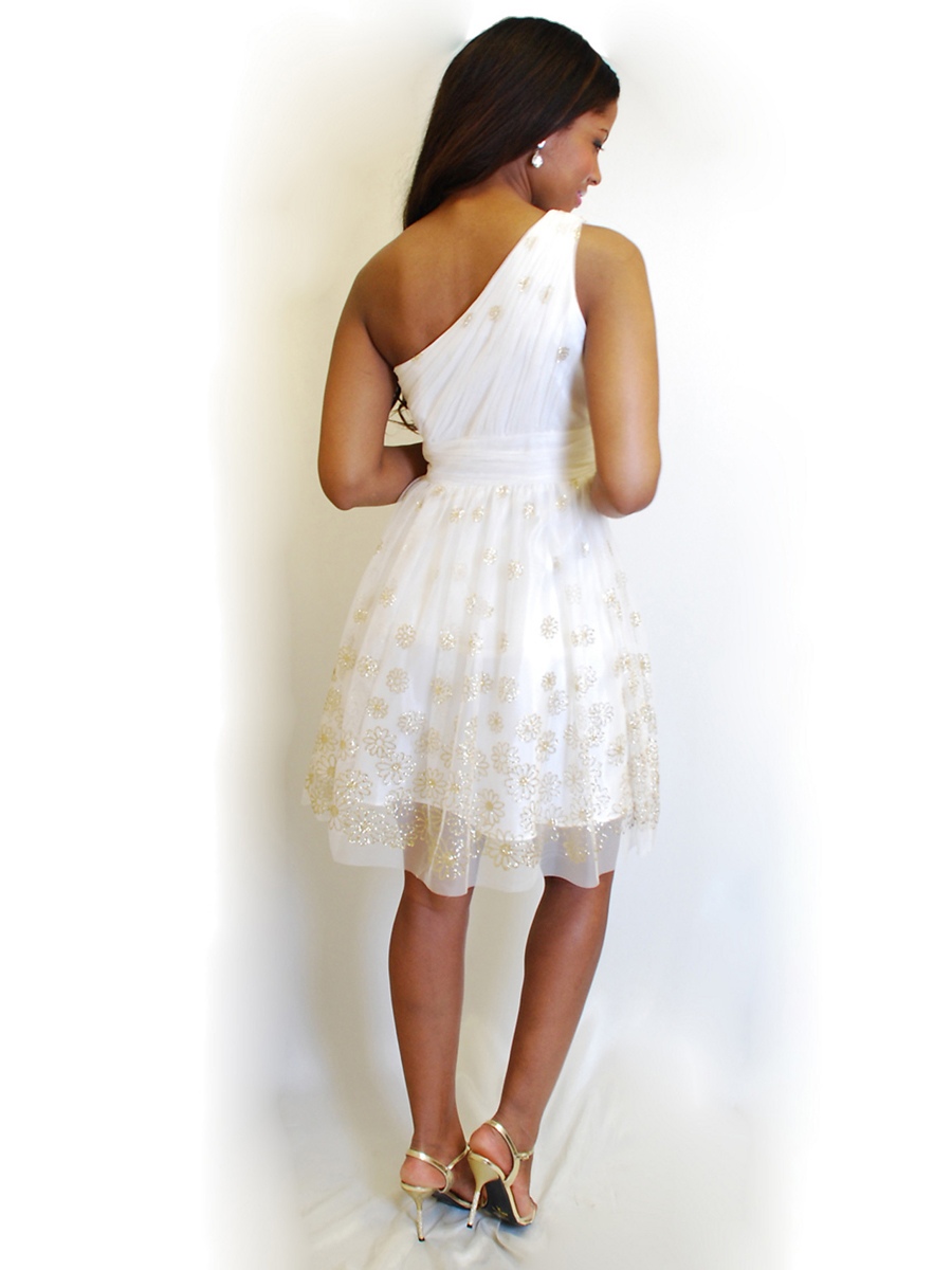 Chic Short Ivory and Gold One Shoulder Dress With High Waistline
