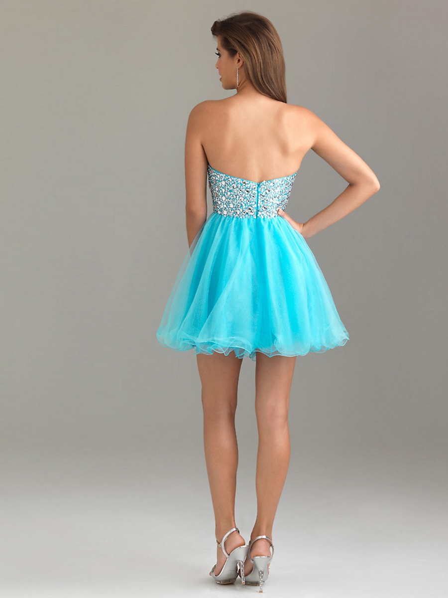 Blue Sequined Tulle A-Line Strapless Sweetheart Neckline Sleeveless Short Cocktail Dress