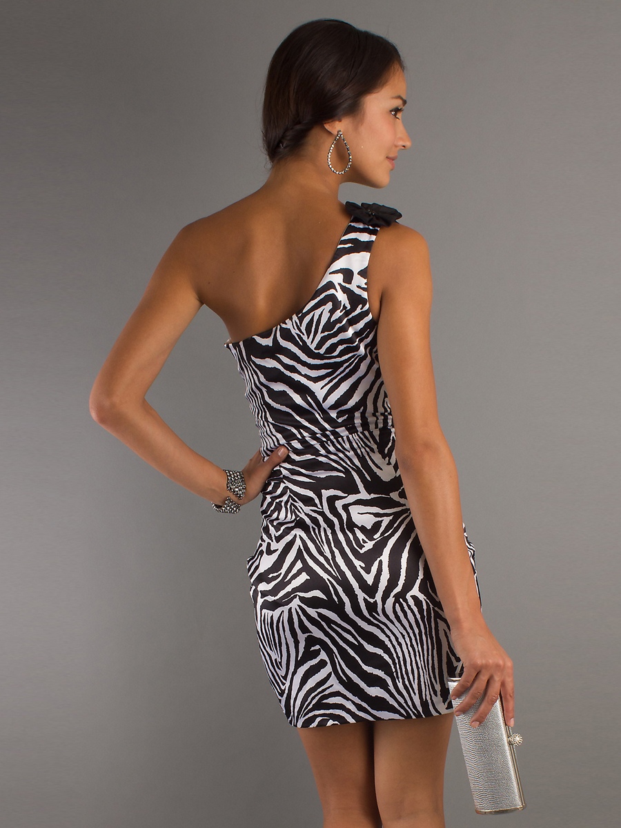 Chic One Shoulder Zipper Zebra Print Homecoming Dress with Natural Waistline