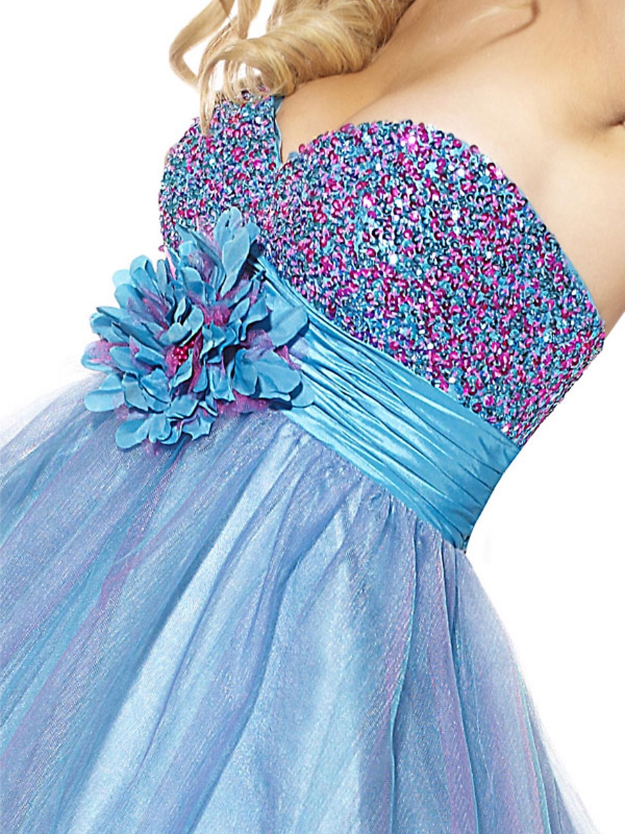 Multi-Color A-Line Sequined Bodice Tulle Strapless Sweetheart Neckline Sleeveless Short Cocktail Dress