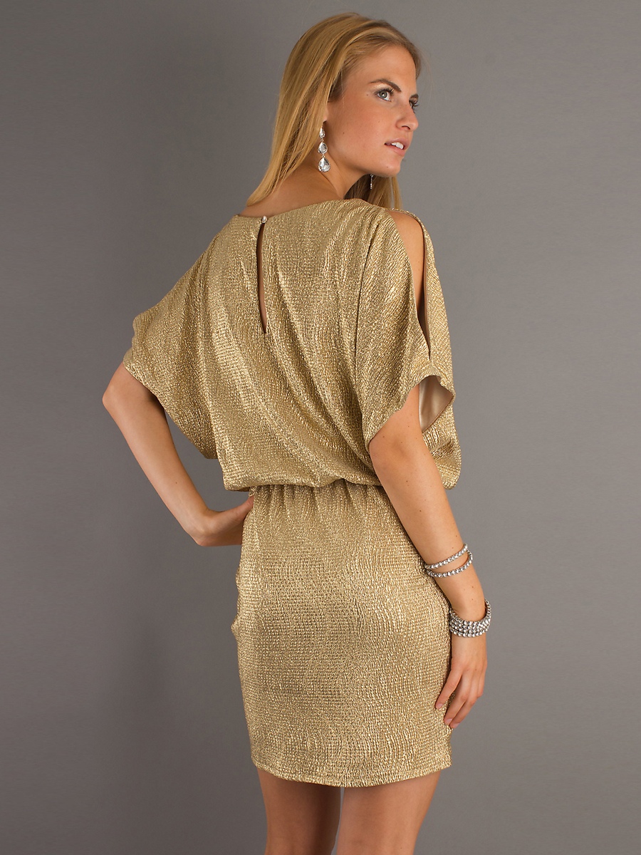 Chic Gorgeous short gold dress with belt around waist with Cinched Waistline