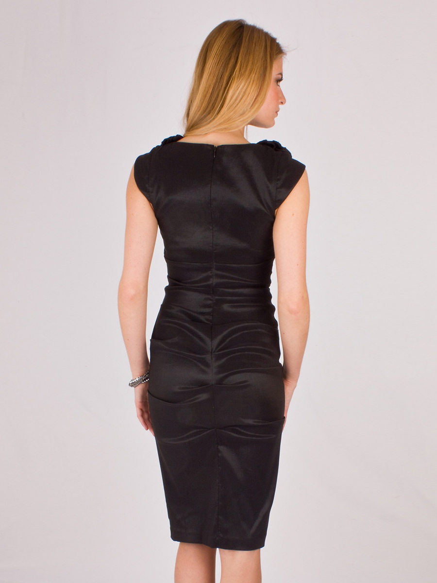 Chic Zipper Breve increspato Ruffled Little Black Dress con rosette con punto vita naturale