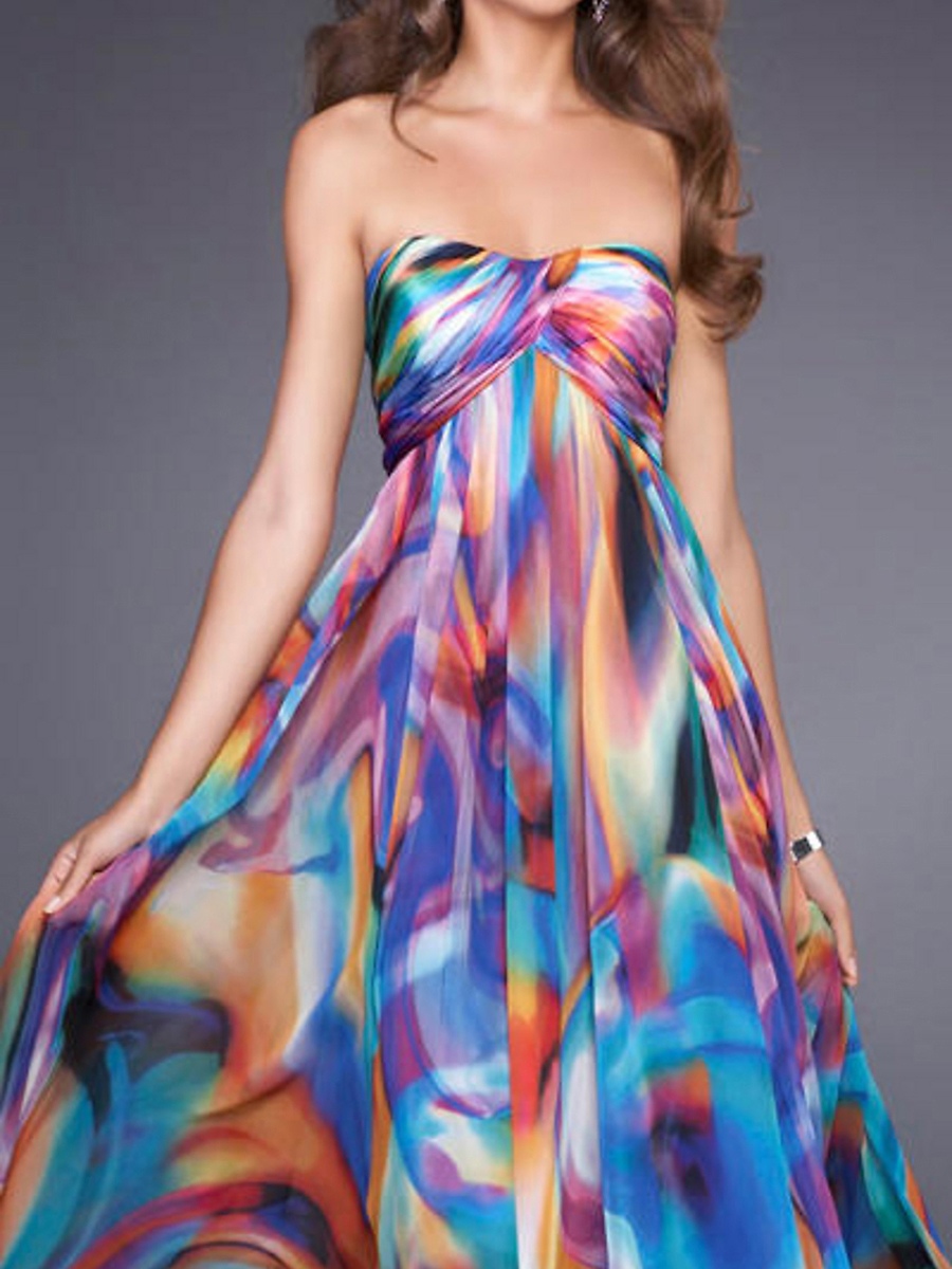 Multi-Color Print Chiffon Strapless Sweetheart Neckline Sleeveless Floor-Length Evening Dress
