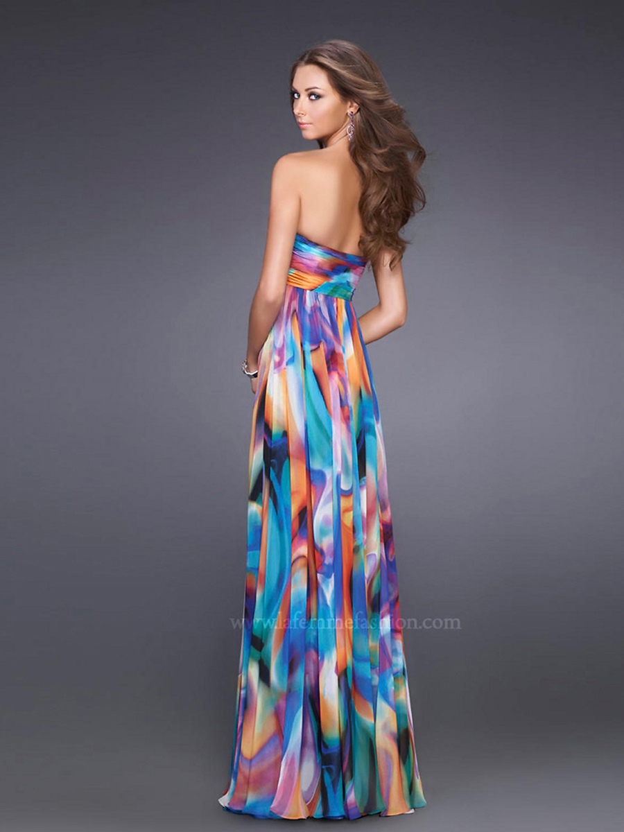 Multi-Color Print Chiffon Strapless Sweetheart Neckline Sleeveless Floor-Length Evening Dress