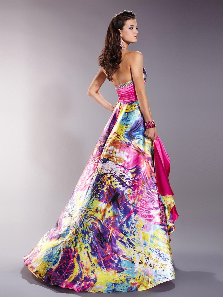 Print Sheath Multi-Color Ruche Bodice Strapless Sweetheart Neckline Sleeveless Floor-Length Prom Dress