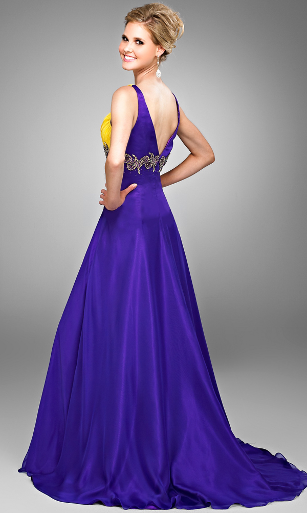 Glamorous Deep V-Neck Floor Length Daffodil and Purple Chiffon Evening Dress of Beading