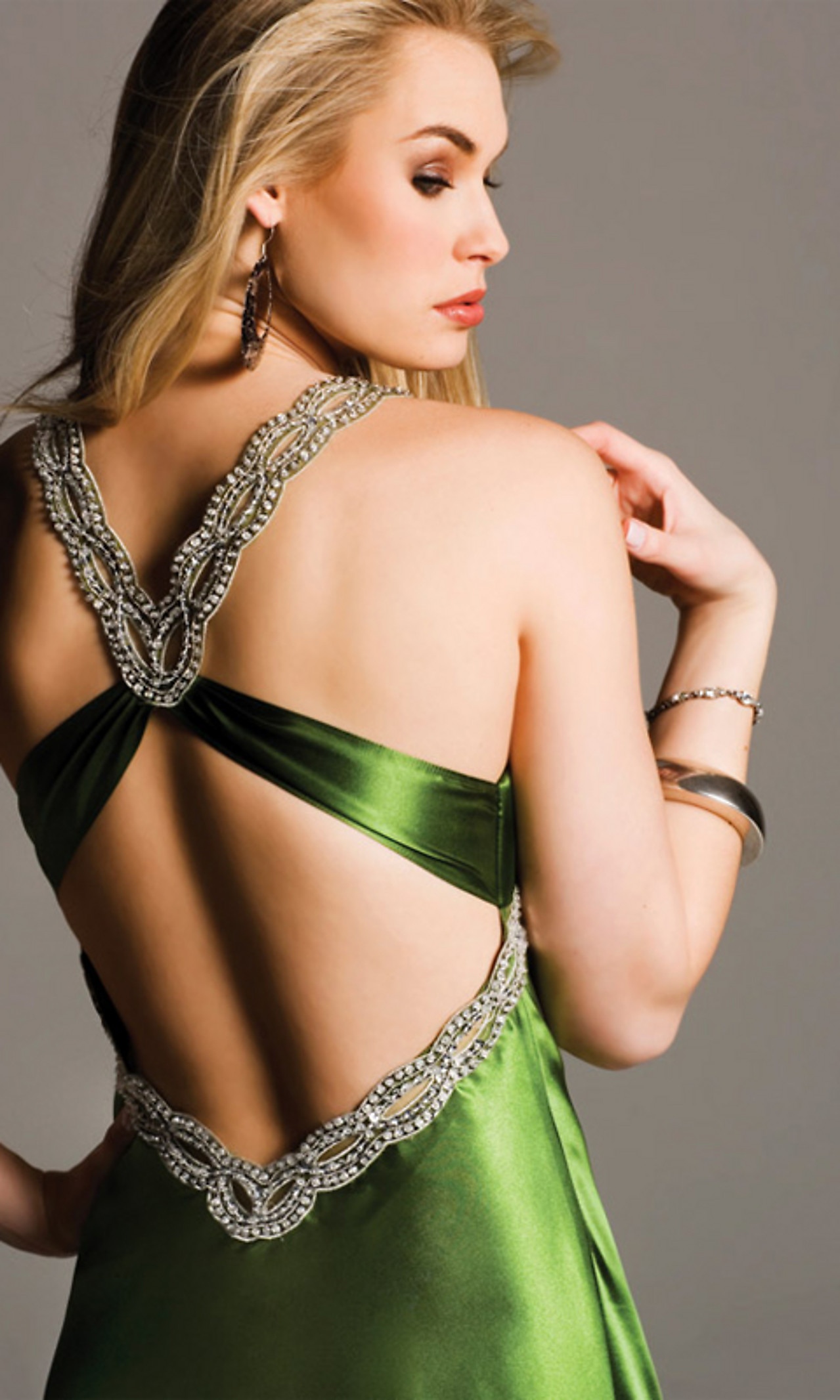 Halter Neck Green Silky Satin Floor Length Evening Dress of Beaded Accents at Front and Back