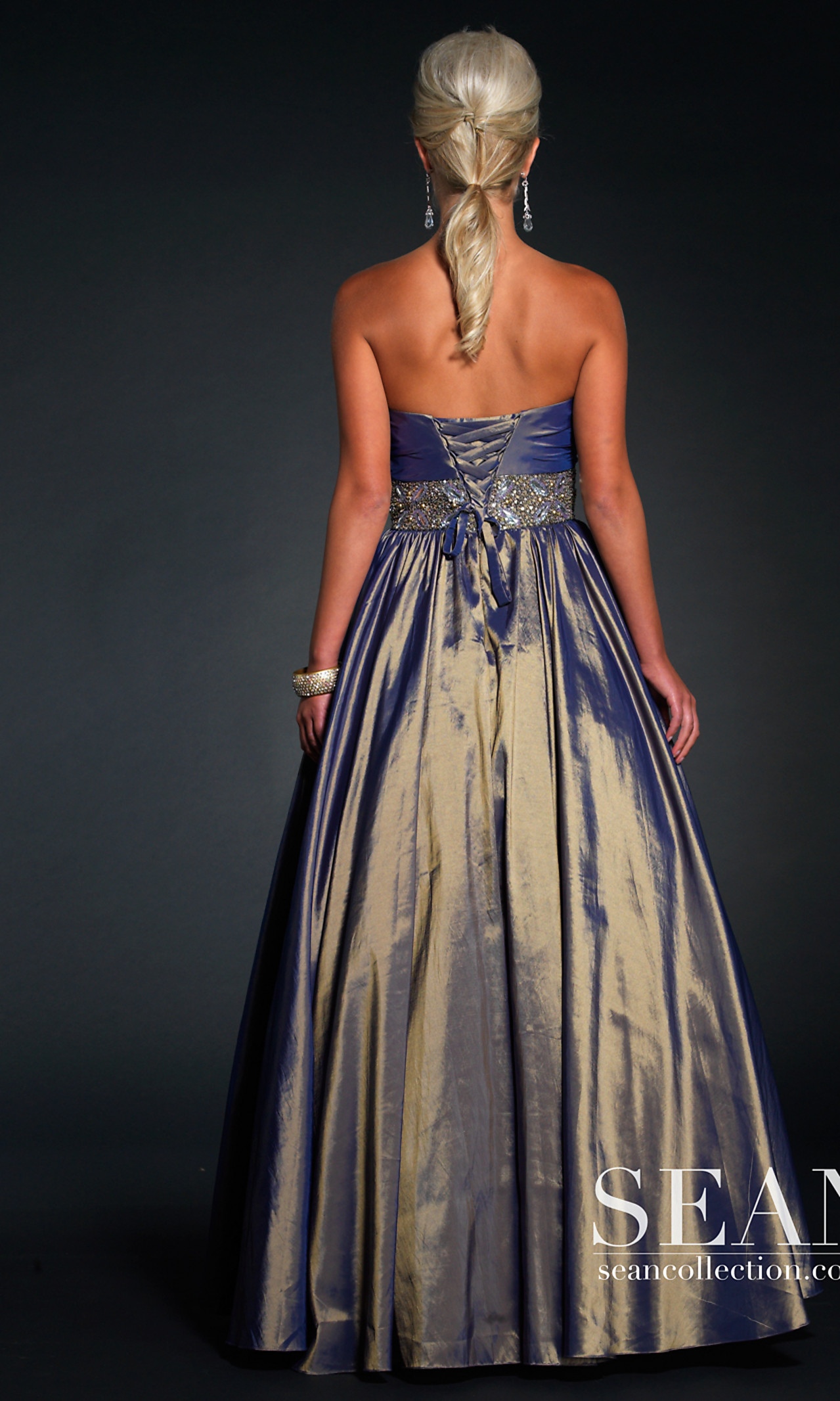 Strapless Dark Navy bodenlangen Kleid von Promi Jeweled Band bei Empire Waist