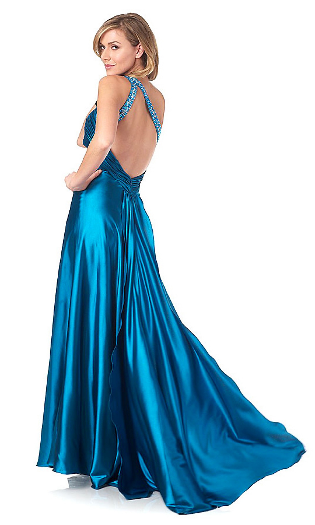 豪華なワンショルダーフロア長エンパイアスタイルアイスブルー弾性サテンイブニングドレス