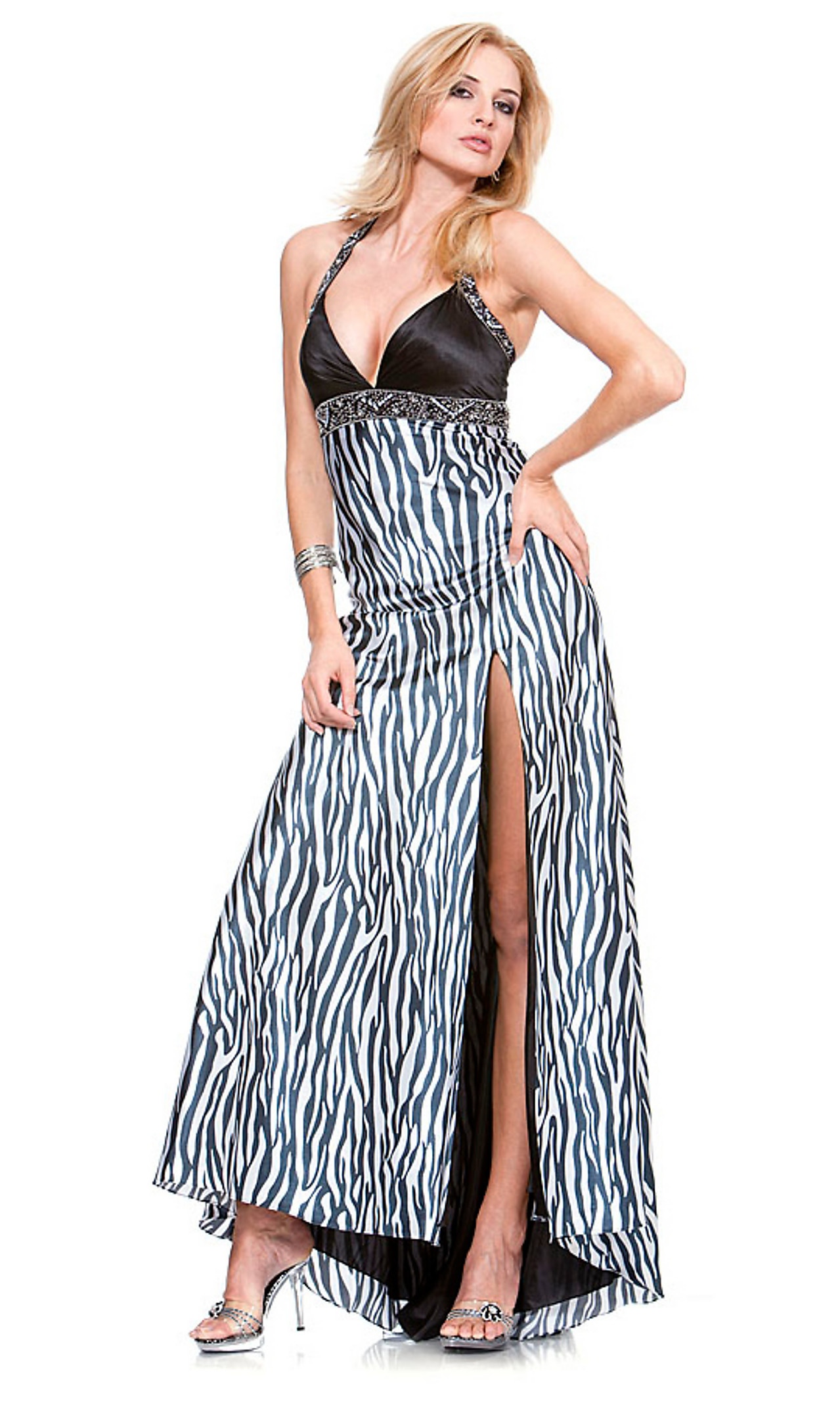 Halter Neck Floor Length Printed and Satin Evening Gown of Slit Skirt for Sale