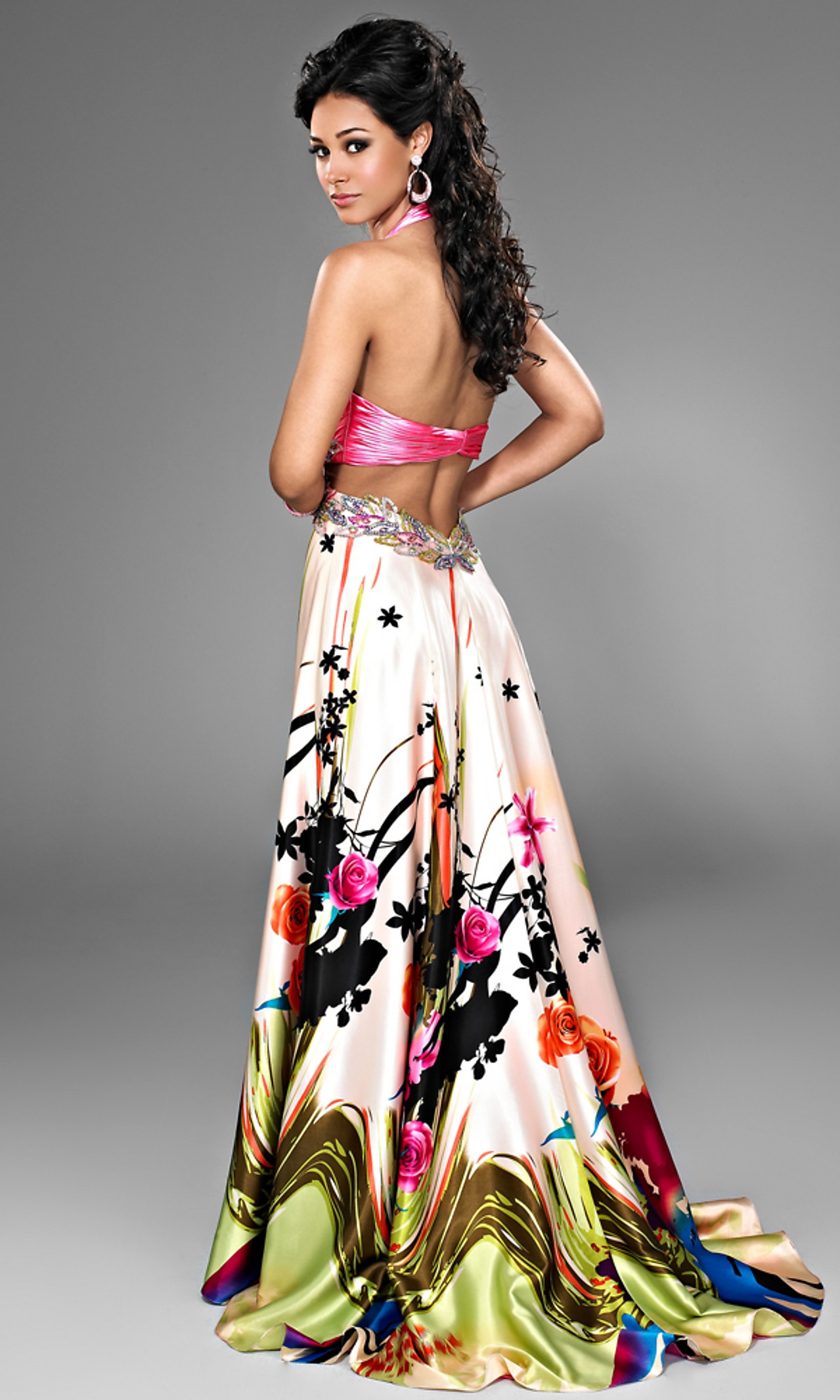 Plunging V-Neck Floor Length Multi-Color Printed Satin Celebrity Gown of Beadwork Front
