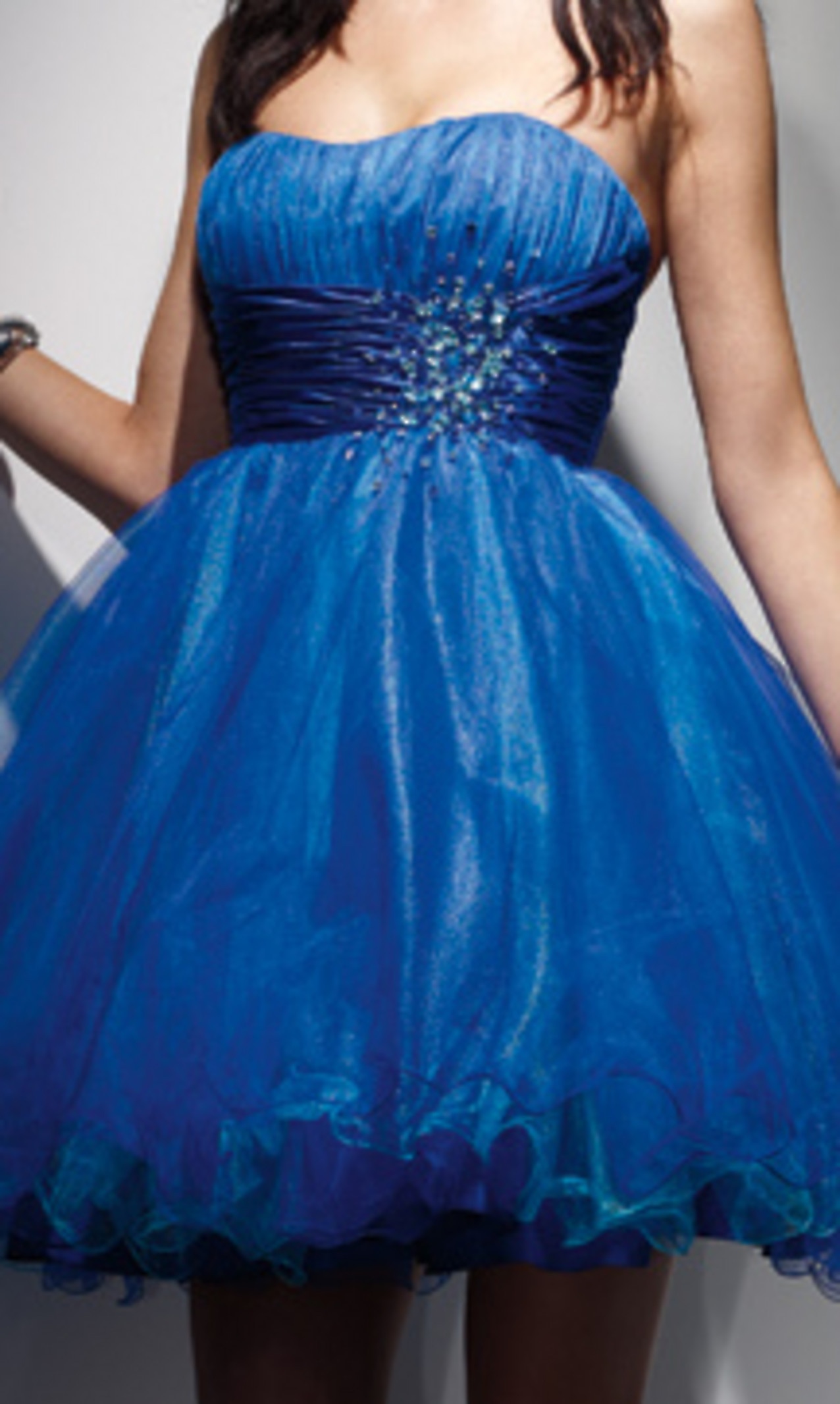 Strapless Dark Royal Blue A-Line Homecoming Gown of Satin Sash and Rhinestones