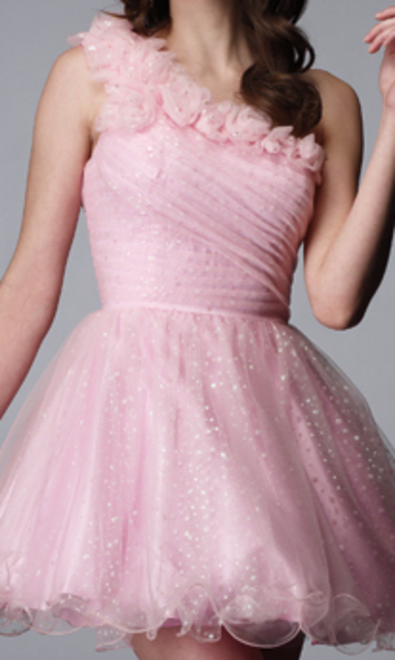 One-Shoulder Short A-Line Pink Tulle Overlaid Homecoming Dress of Ruffles