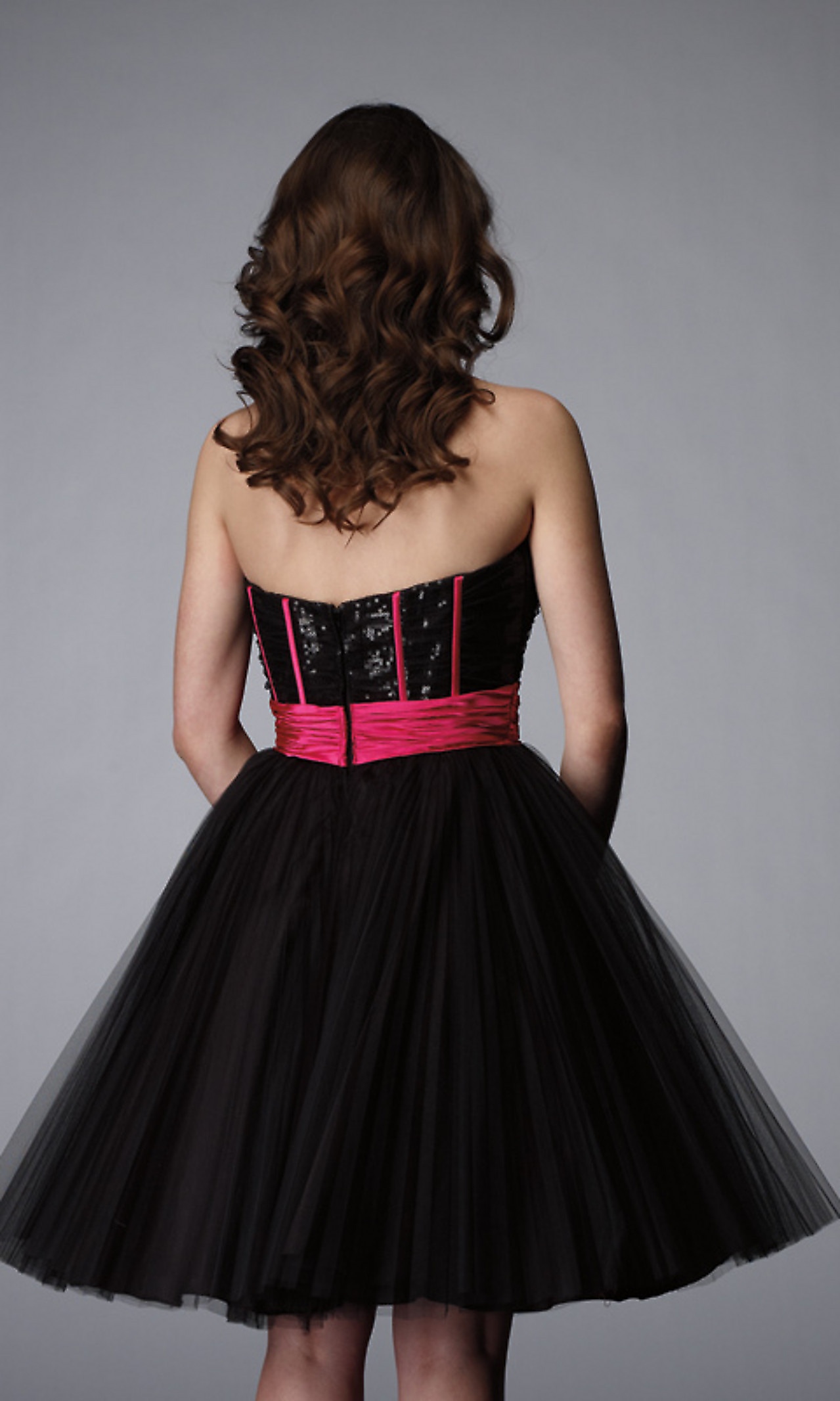Strapless Short A-Line Black Tulle Homecoming Gown of Pink Satin Flower at Waist