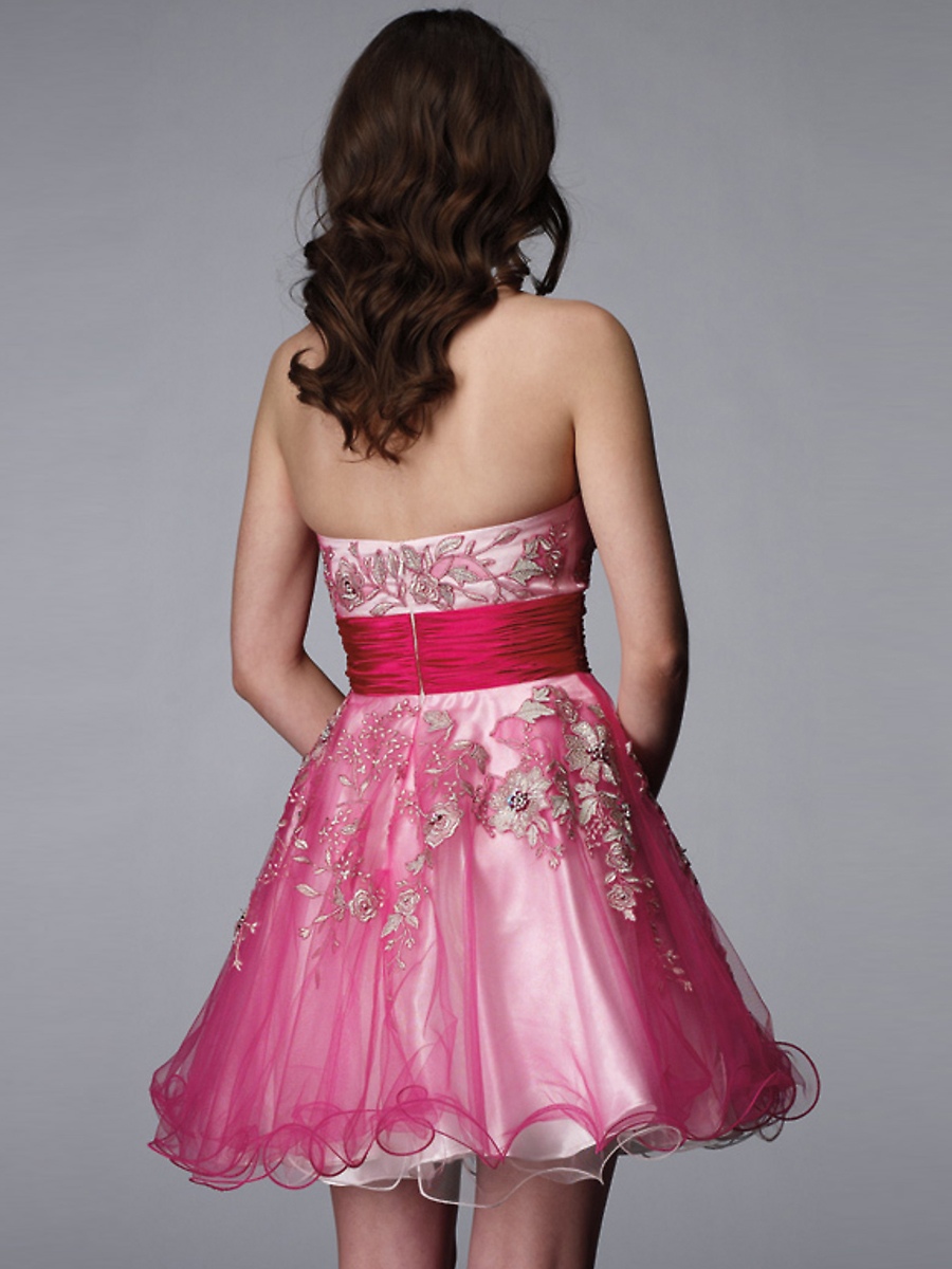 Strapless Short A-Line Homecoming Gown of Pink Tulle Overlay and Satin Sash at Waist